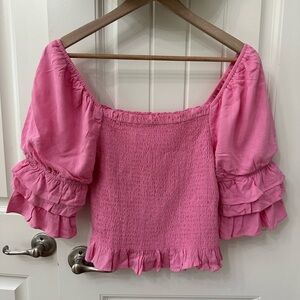 Altar'd State Pink Puff Sleeve Smocked Crop Top Stretch Valentines Medium